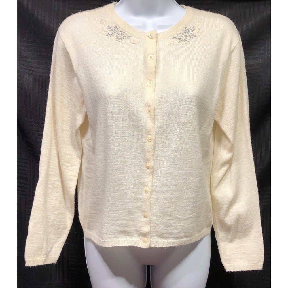 Vintage Old Navy Cardigan Sweater 14 Girls Ivory Button Up Flower Applique 90s